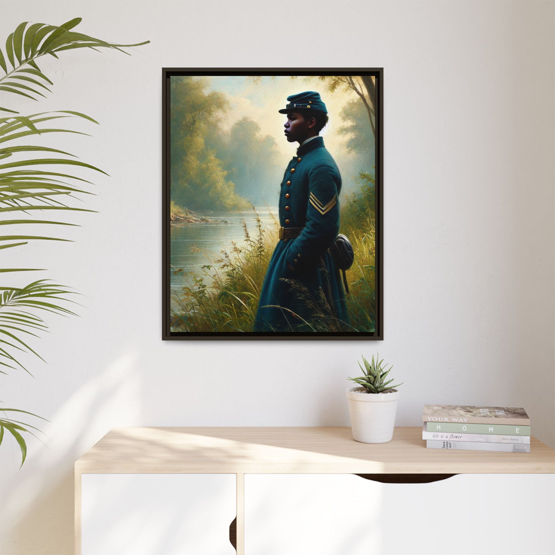 Portrait of an African American Union soldier standing solemnly by a riverside, inspired by Walt Whitman’s Leaves of Grass and Drum-Taps, honoring sacrifice, resilience, and history. Grant Wood Inspired