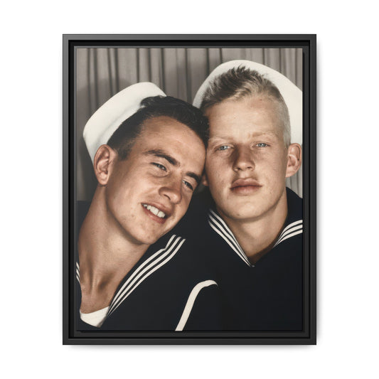 Mid-century naval double portrait showing two young men in dark sailor uniforms with striped collars.