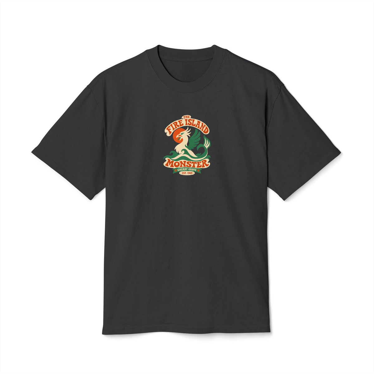 Front of the Fire Island Monster Cherry Grove T-shirt featuring an original 1969-style sea-griffin emblem in green, cream and burnt orange