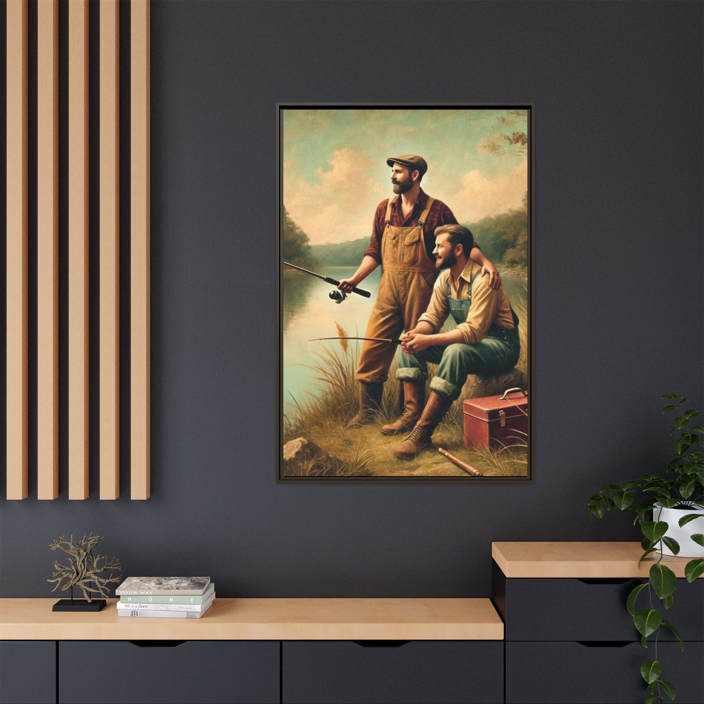 Vintage-style artwork of a gay couple fishing at a serene lakeside in the 1930s, celebrating love and rural life