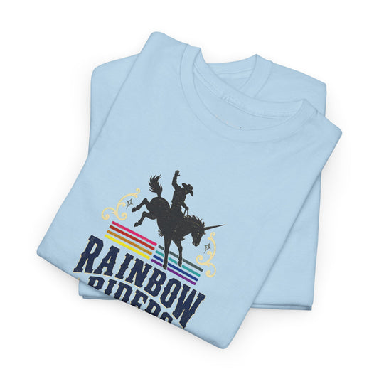 Black bucking rider silhouette over distressed colorful Western stripes