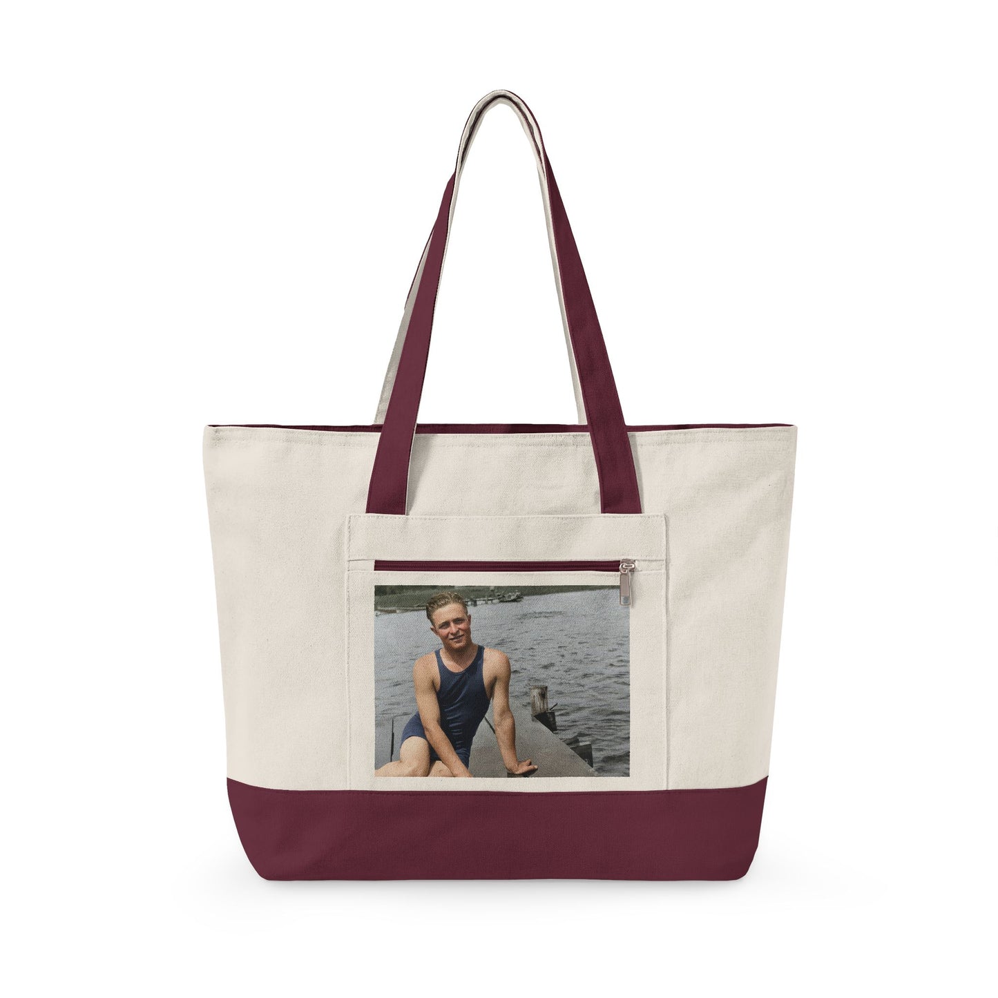 man on dock vintage photo zippered tote 