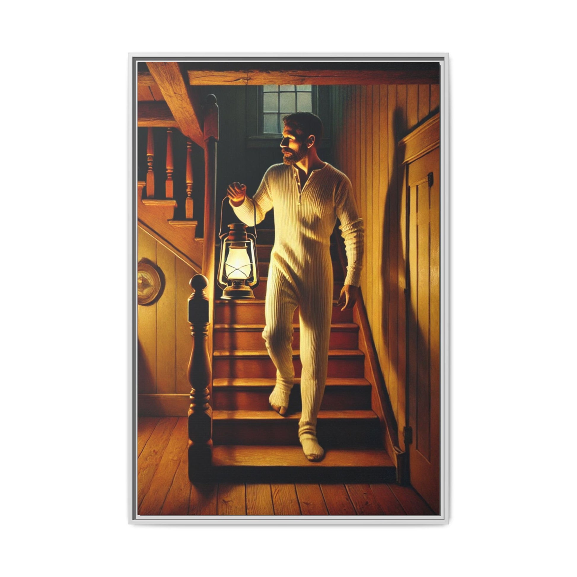 Atmospheric artwork of a man descending wooden stairs with a lantern, inspired by Grant Wood’s rural themes.