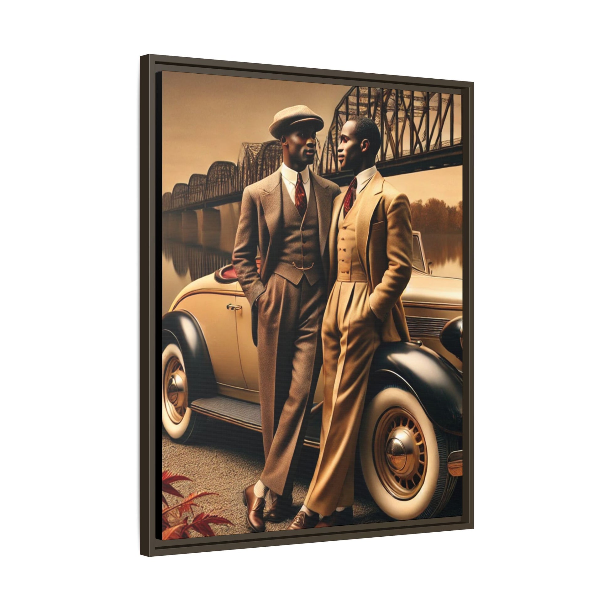 Vintage-style artwork of an African-American gay couple in the 1930s by the Mississippi River with a Packard car, celebrating love and resilience.