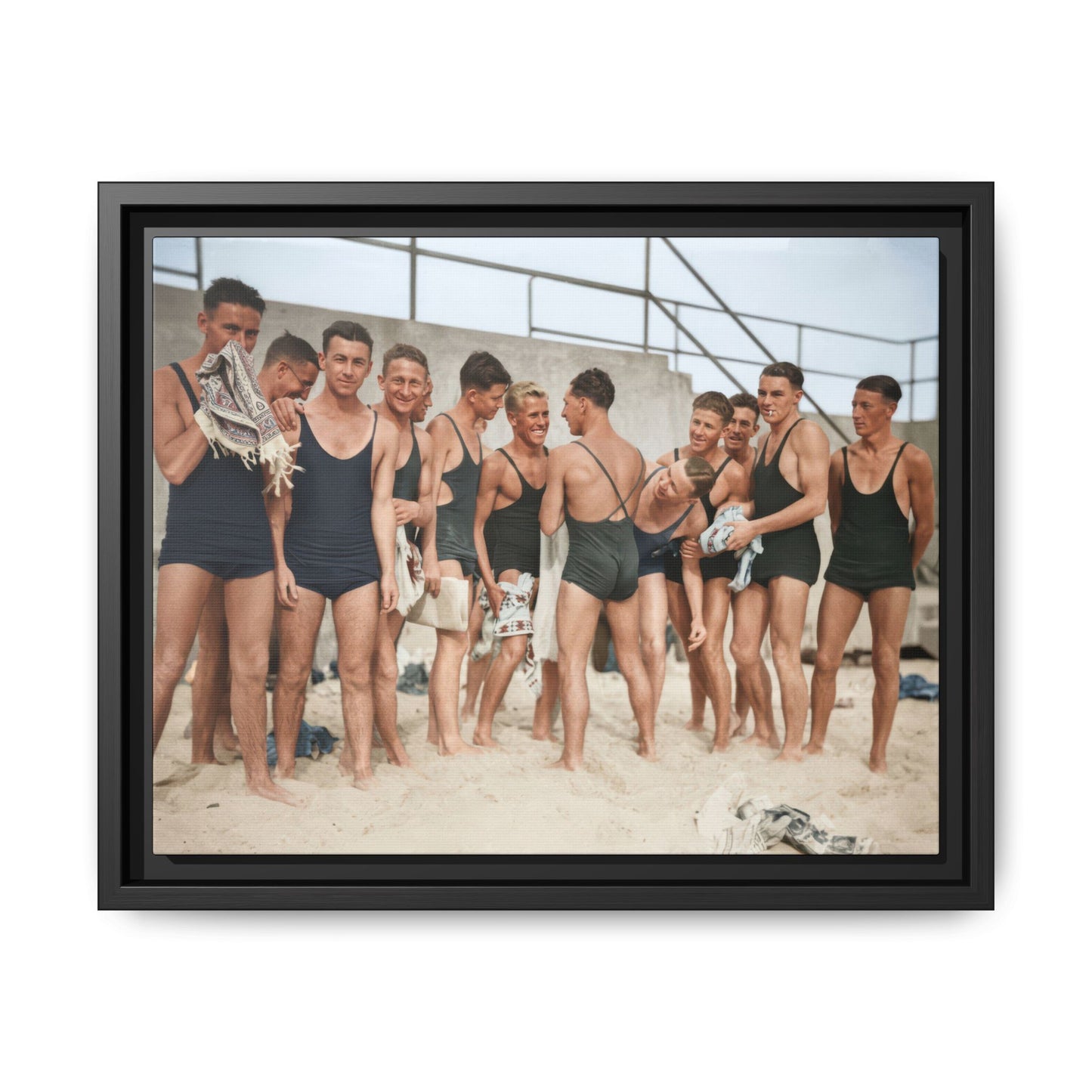 group of men in swimwear vintage beach photograph restored 
