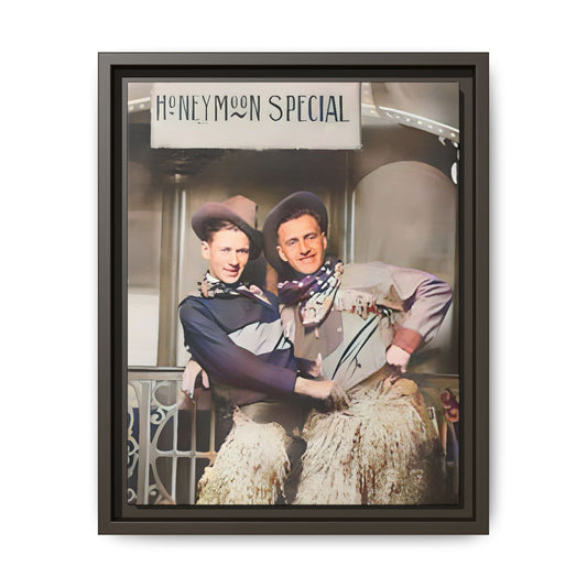 Vintage portrait of Harry & Earl in whimsical cowboy attire under the "Honeymoon Special" sign, set in 1920s San Antonio. Framed matte canvas art celebrating LGBTQ+ love and rustic Americana charm. Perfect for history enthusiasts and rustic decor lovers. Gay Marriage Wedding Gift