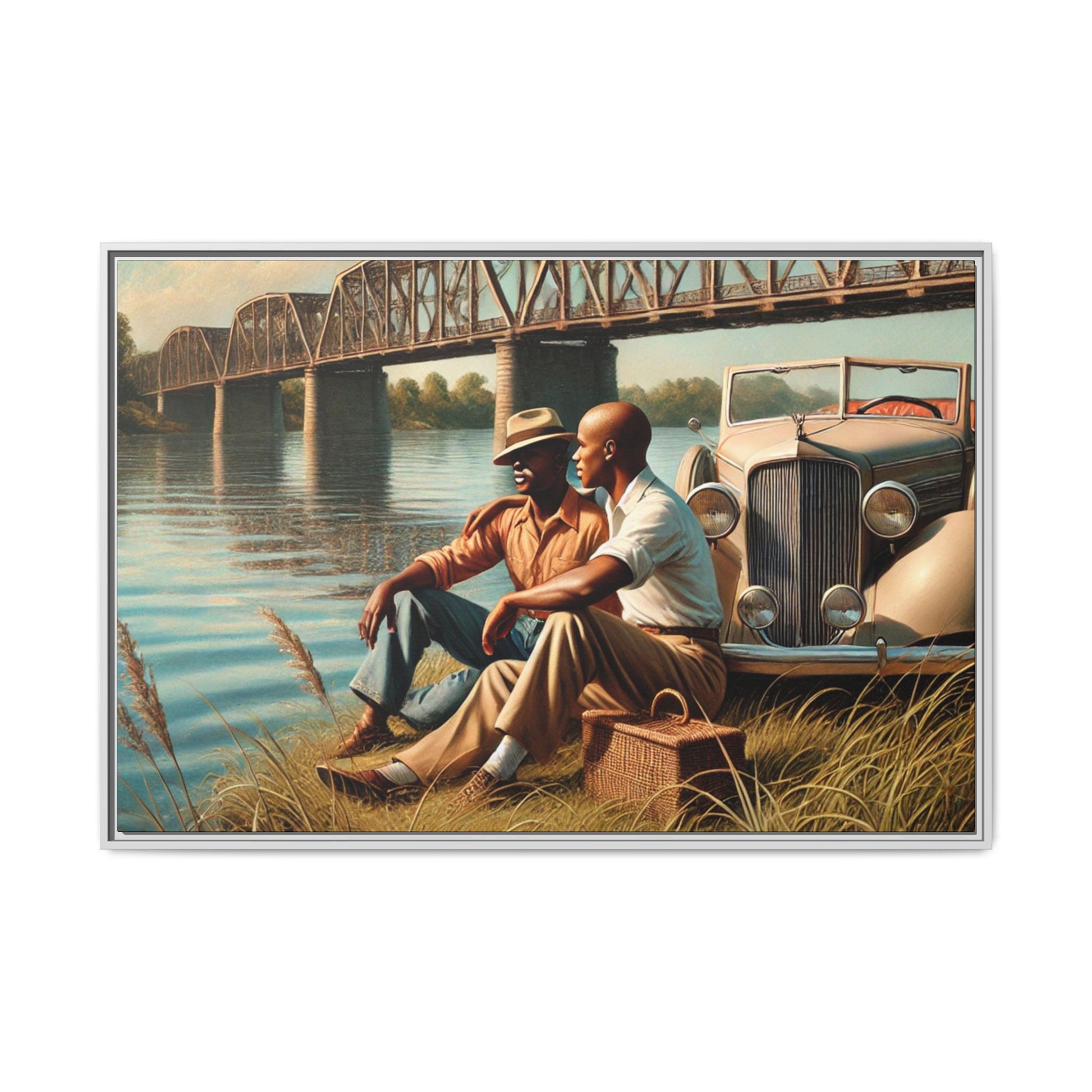 Vintage-style painting of an African-American gay couple in the 1930s by the Mississippi River with a Packard car, celebrating love and resilience.