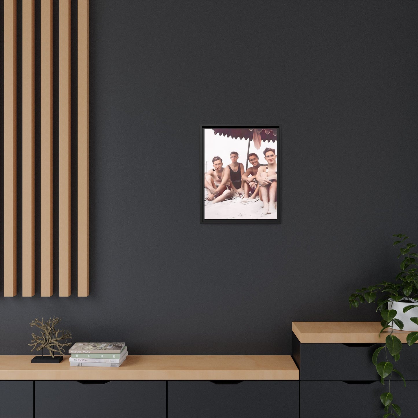 Restored vintage 1920s photograph of men enjoying a sunny beach day in Asbury Park, New Jersey, under a striped canopy. Framed matte canvas print celebrating LGBTQ+ history, joy, and camaraderie