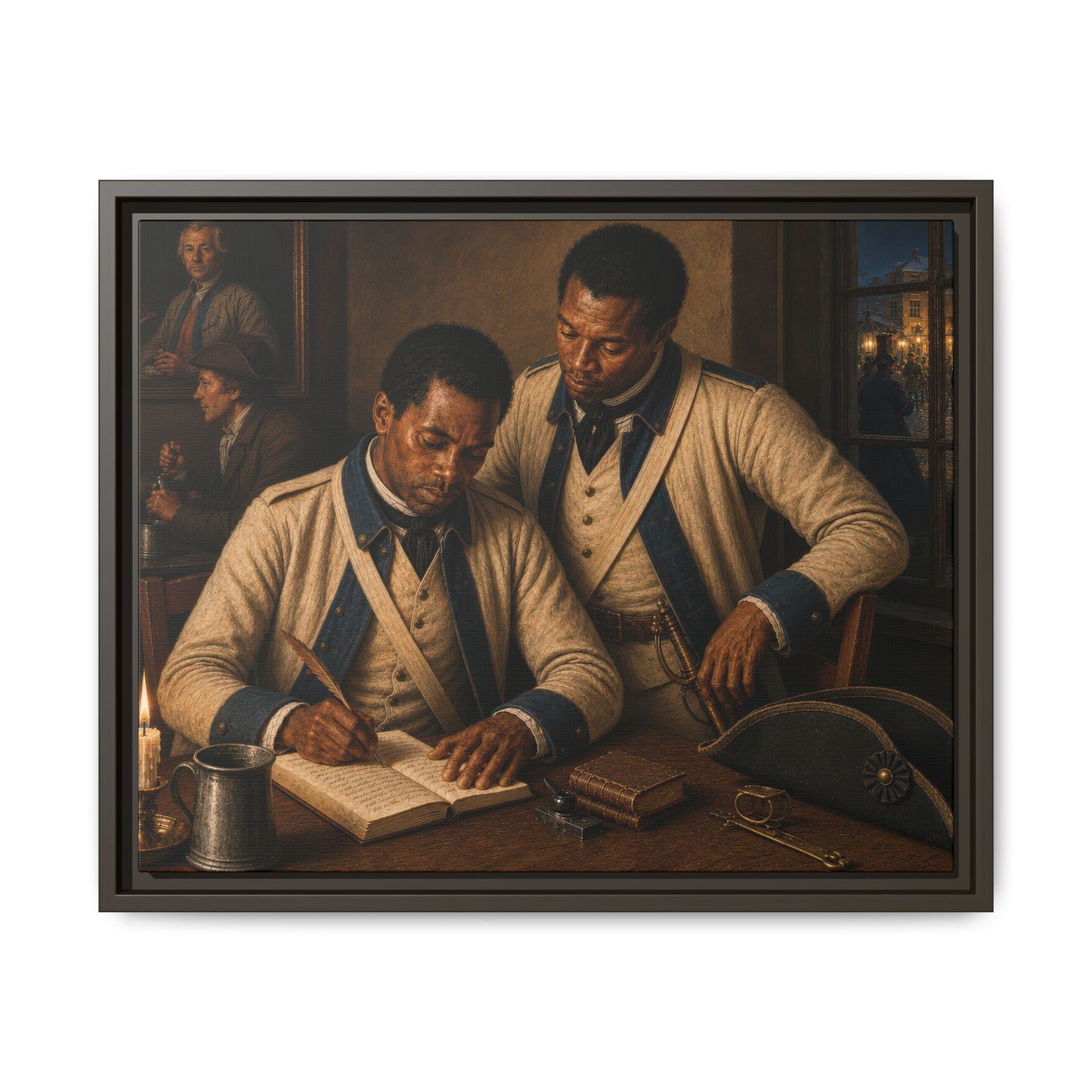Museum-inspired portrait of two Black French Expédition Particulière allies writing by candlelight during the American Revolution. 