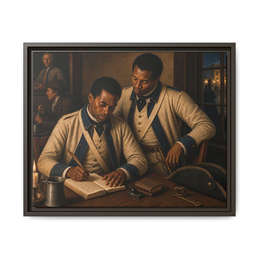 Museum-inspired portrait of two Black French Expédition Particulière allies writing by candlelight during the American Revolution. 