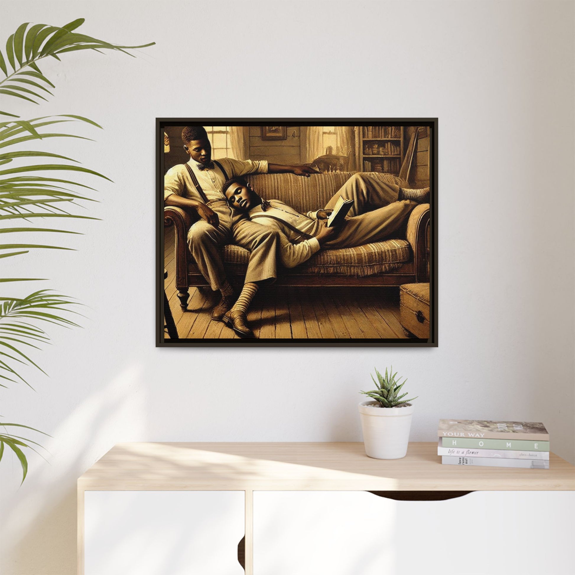 Framed artwork of an African-American gay couple sharing an intimate moment on a rustic sofa, inspired by Grant Wood’s style