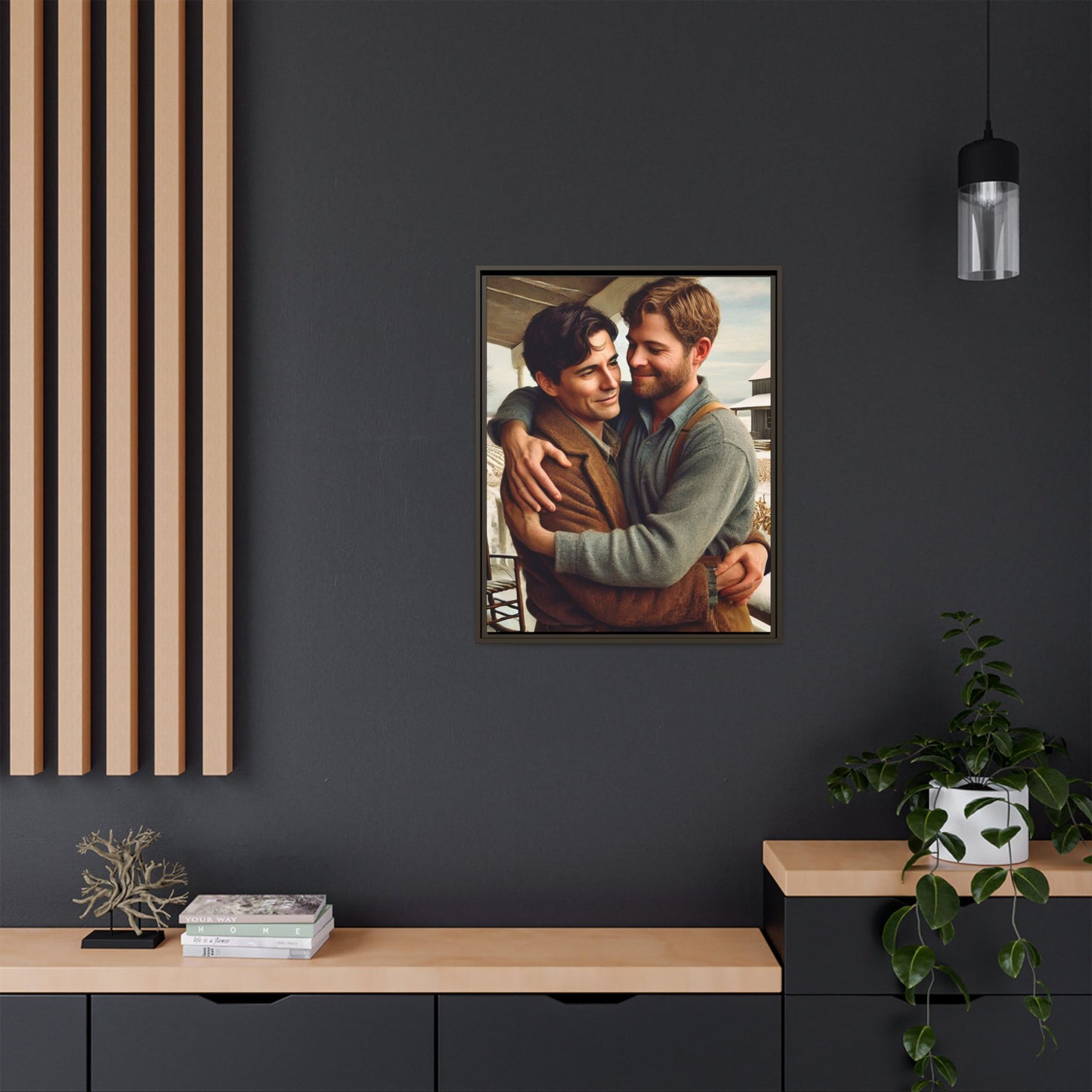 Artwork of a tender moment between two men embracing on a rustic farm porch in 1930s-style clothing. Set against a snowy, vintage rural backdrop, this image captures LGBTQ+ love and connection with a nostalgic Americana feel