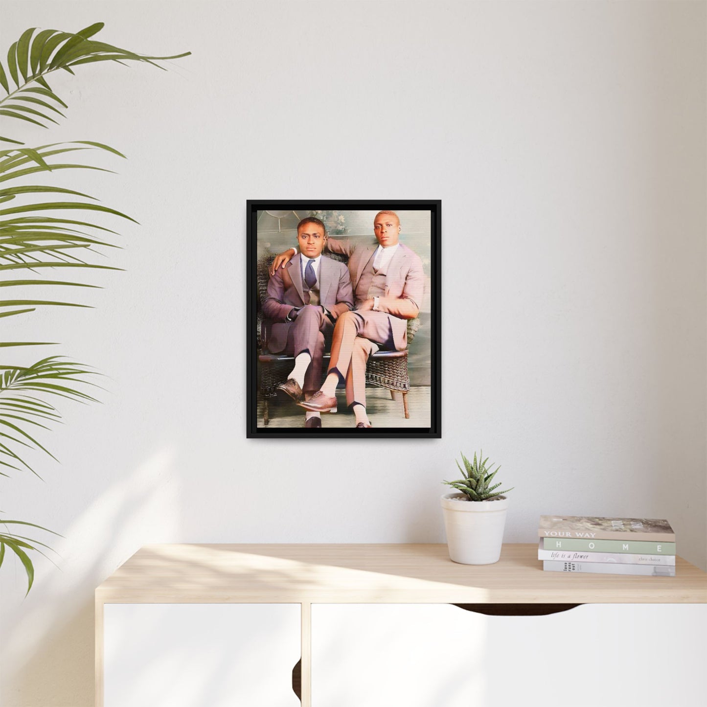 Restored vintage portrait of Walter & George, an African American gay couple seated in Birmingham AL, framed canvas art.