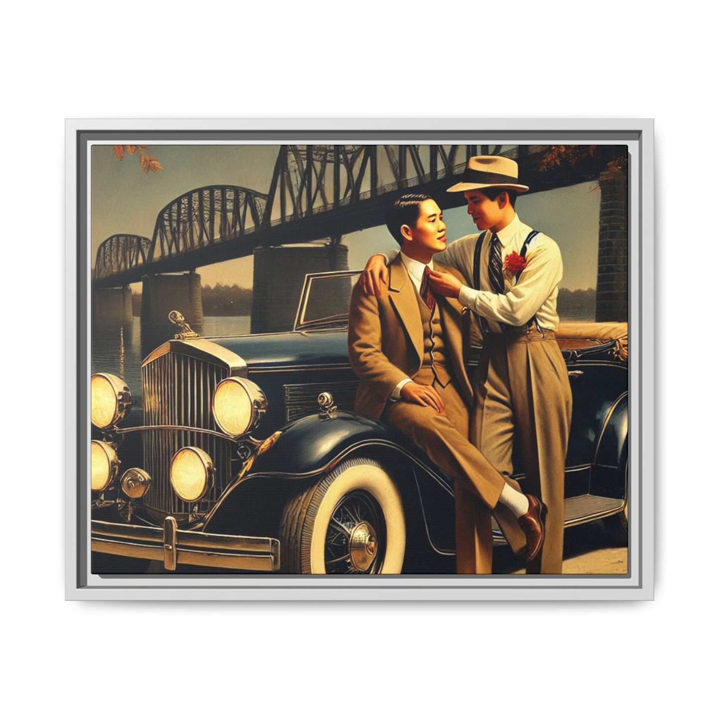 Exquisite vintage-style artwork of a gay Asian-American couple from the 1930s with a 1930 Packard car, celebrating love and inclusivity along the Mississippi River.