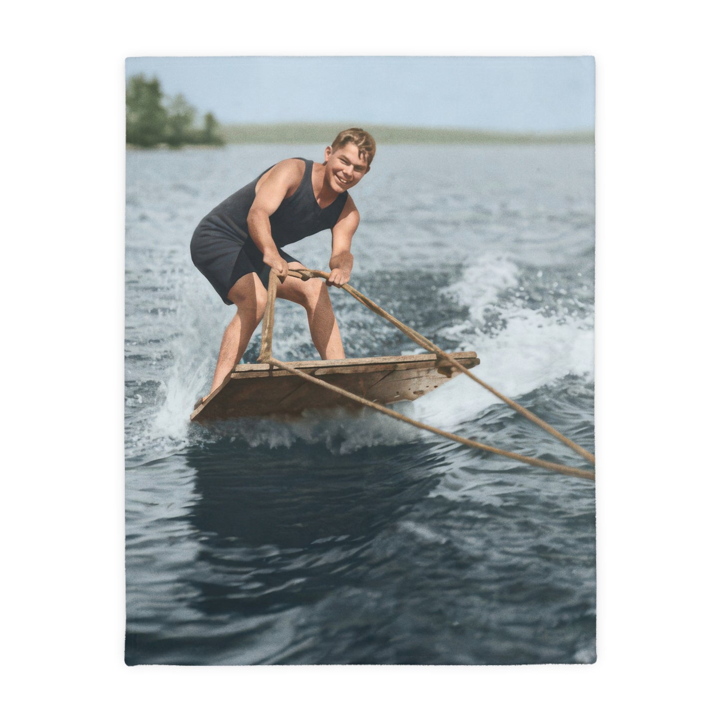 xHeirloom Sherpa Blanket – Early Aquaplaning Figure on Open Water, Restored Historical Image, Premium Fleece Throw (50x60, 60x80)