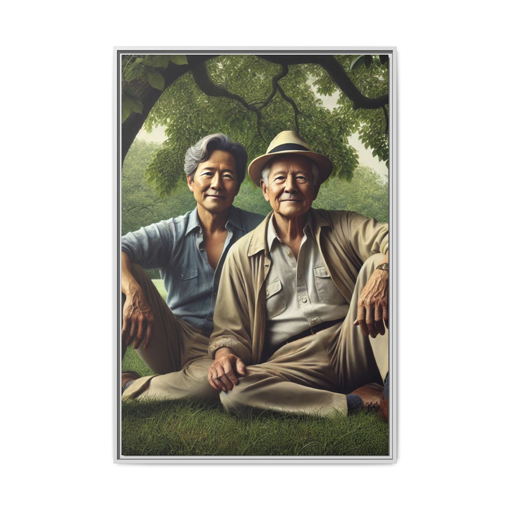 Hyper-realistic painting of an elderly Asian-American gay couple in 1930s attire under a leafy tree, celebrating love and resilience.