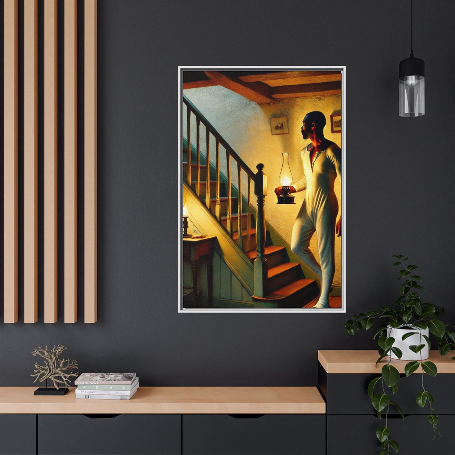 Framed artwork of an African-American man holding a lantern on a staircase, inspired by Grant Wood's style.