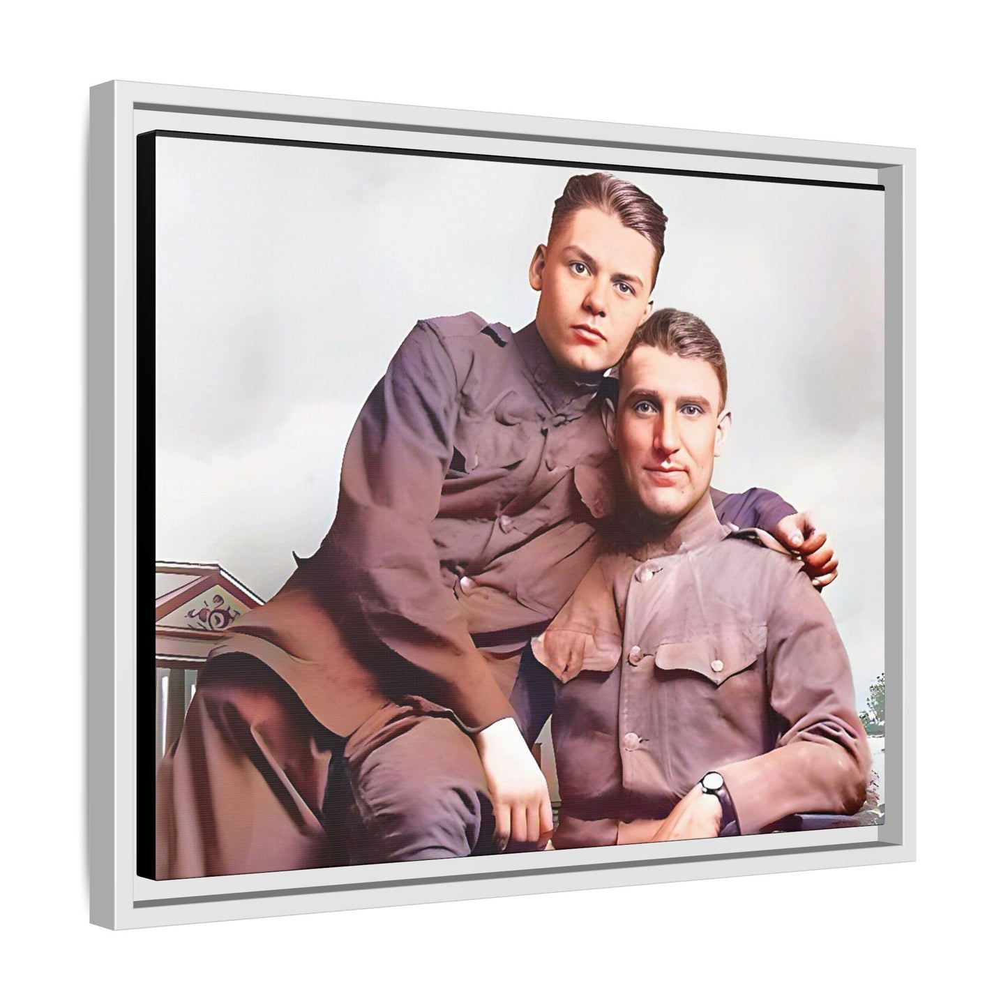 A restored WWII-era portrait of Charlie & Gordon at Debach Airfield, UK. This framed matte canvas captures military camaraderie, resilience, and historical connection, making it a timeless tribute for vintage and aviation collectors. Gay Couple