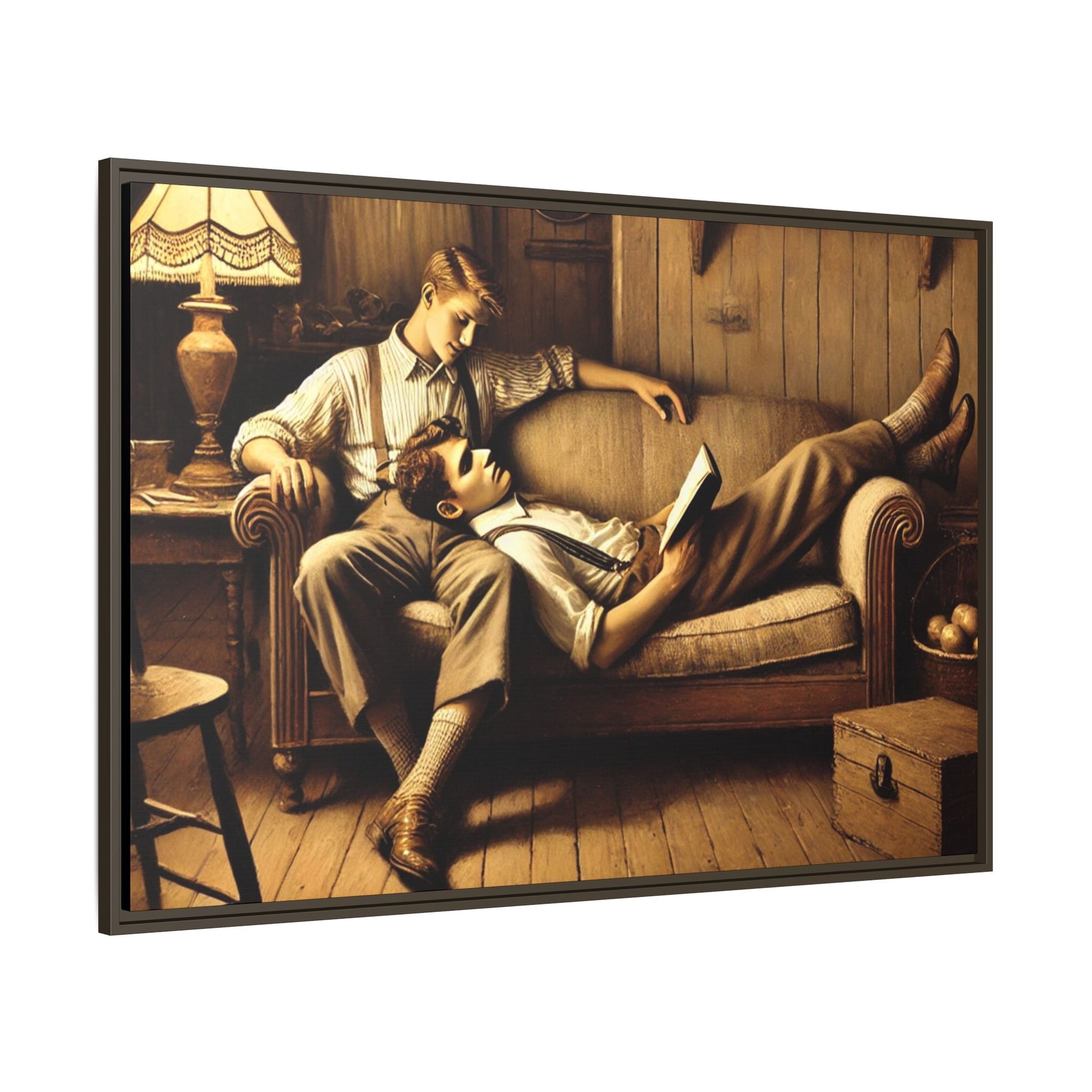 Art of a gay couple sharing an intimate moment on a cozy sofa in a rustic living room, inspired by Grant Wood’s style