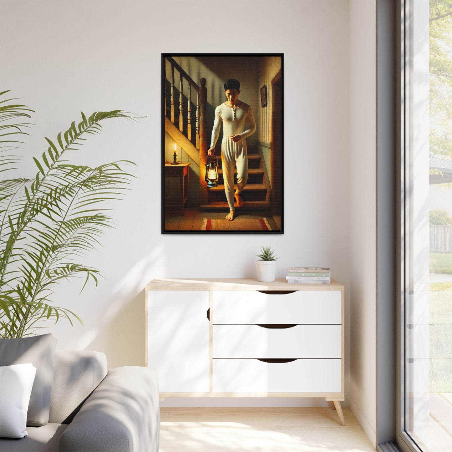 Framed artwork of an Asian-American man wearing long johns underwear holding a lantern on a staircase, inspired by Grant Wood’s style.