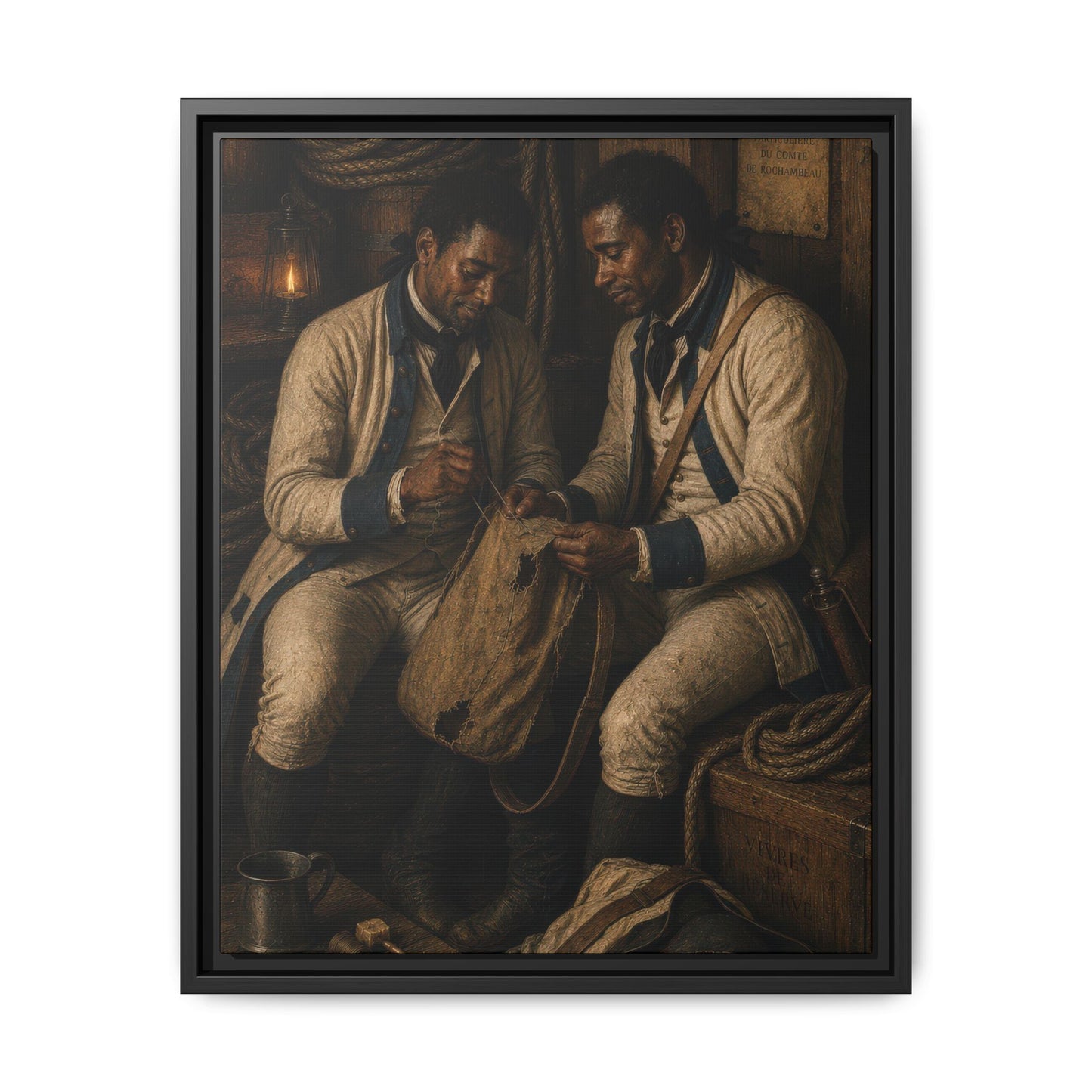 Black soldiers of the French Expédition Particulière repairing a campaign haversack inside a Revolutionary War supply storehouse.