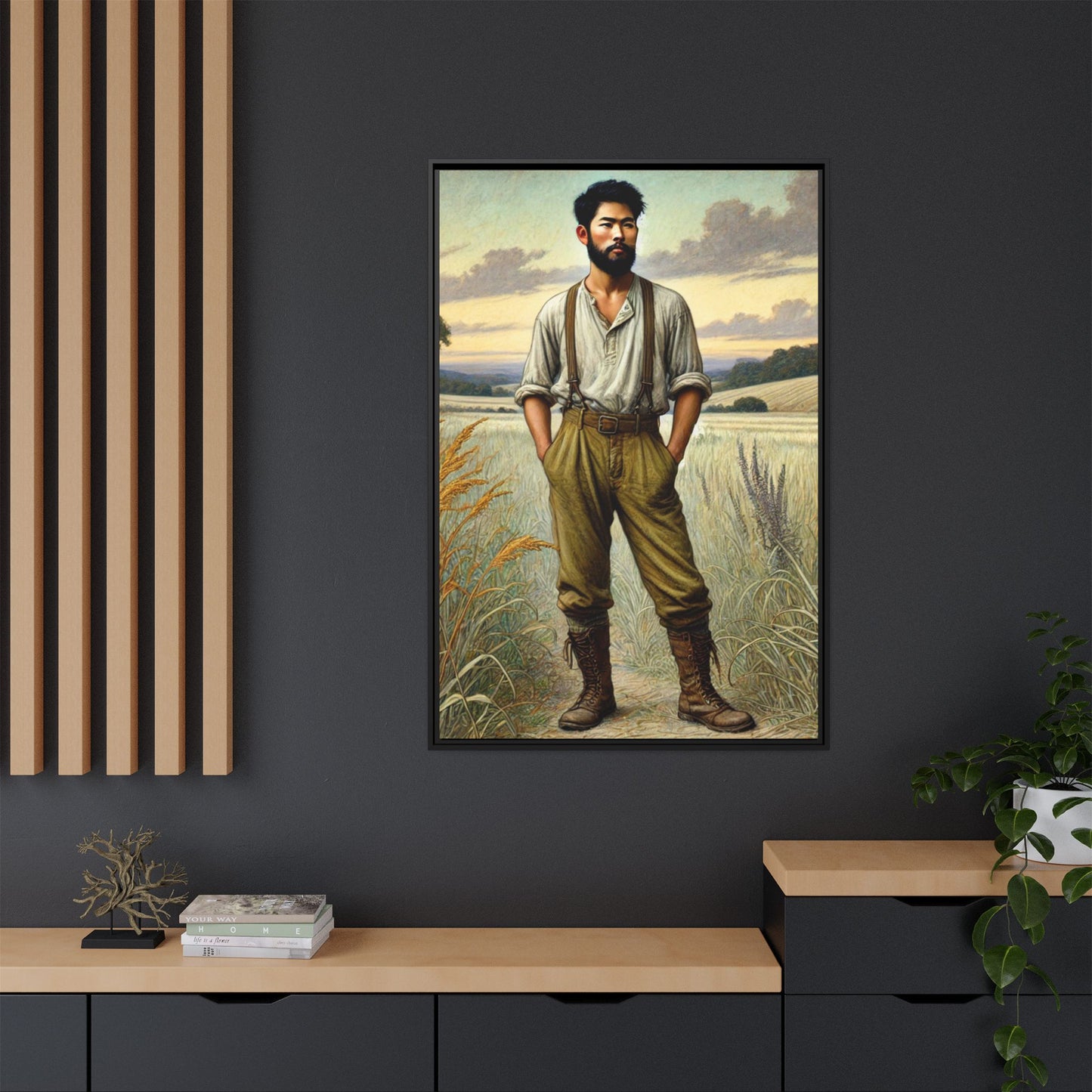 Framed artwork of an Asian-American farmer in 19th-century attire, inspired by Walt Whitman’s Leaves of Grass and Song of Myself, set against a serene rural backdrop of golden wheat fields and rolling hills.