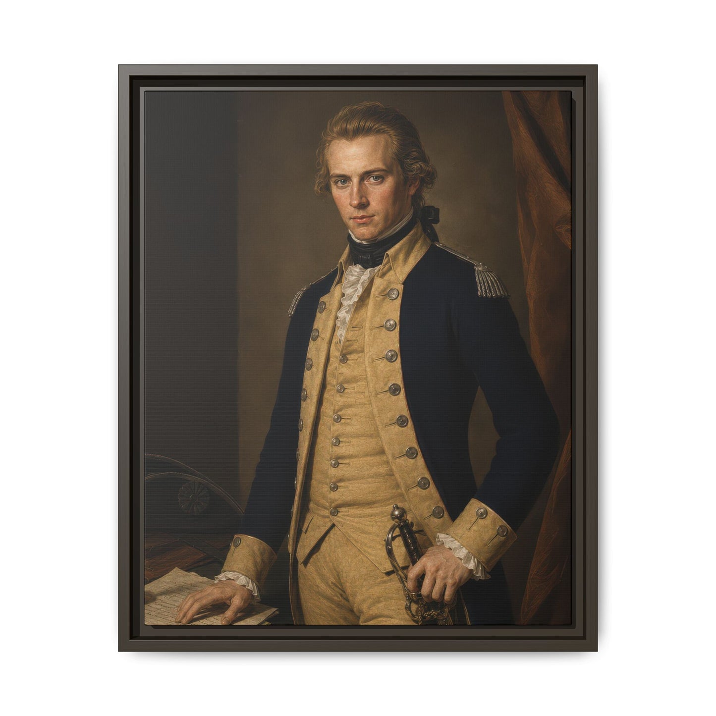 Museum-style oil portrait of Lieutenant Gotthold Frederick Enslin in a blue Continental Army officer's coat with sword and tricorn.