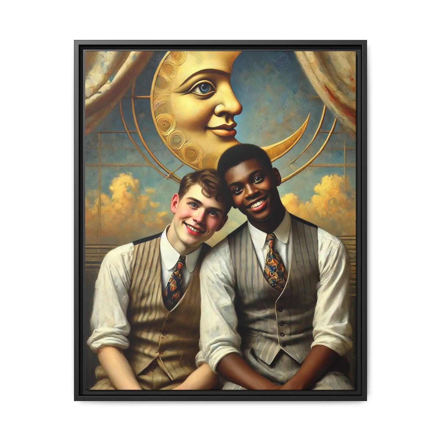 A vintage-style artwork showing a young interracial gay couple in 1920s attire sitting beneath a golden crescent moon with a serene expression. Their joyful closeness reclaims erased queer history and reflects the beauty of interracial love through a lens of tenderness and celebration.