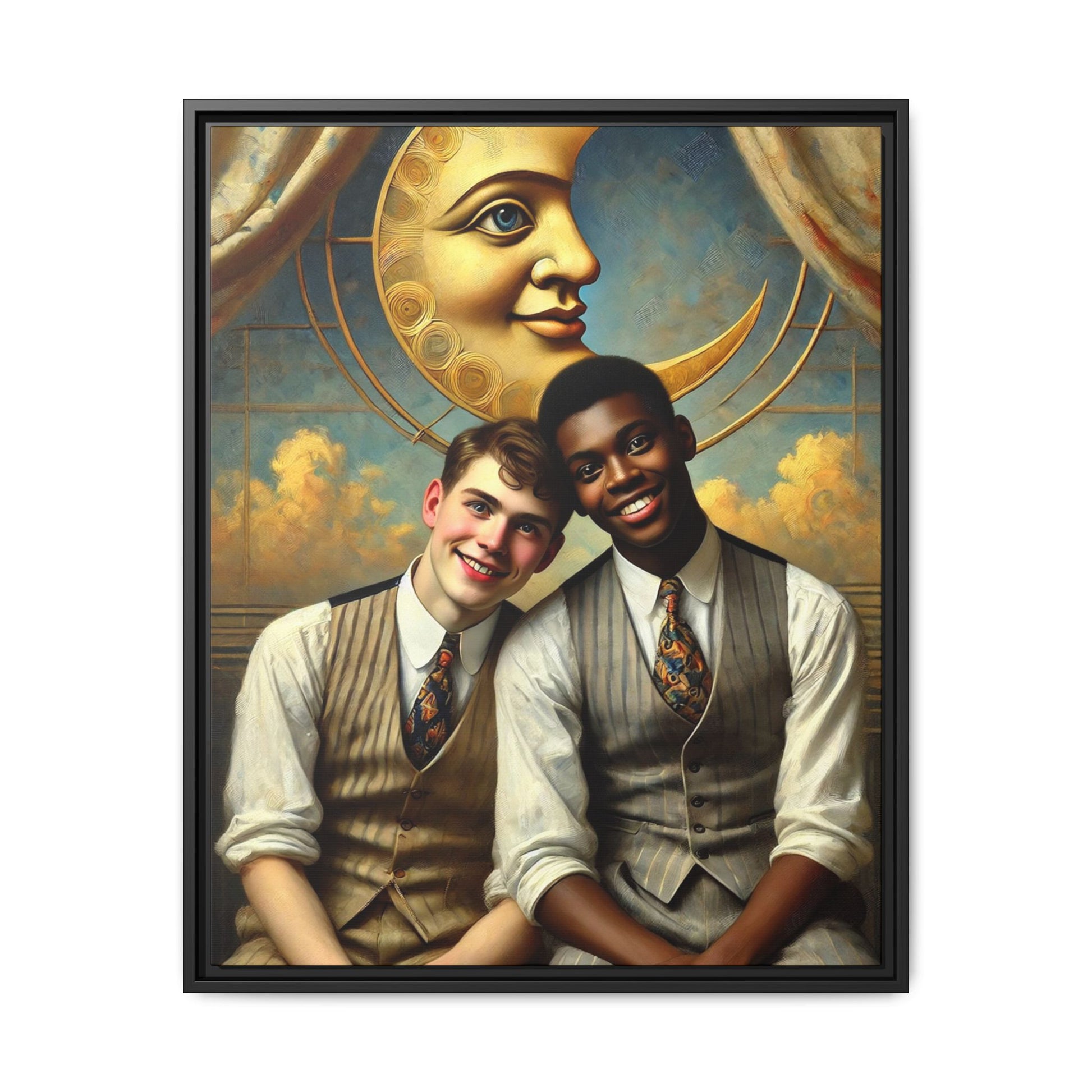 A vintage-style artwork showing a young interracial gay couple in 1920s attire sitting beneath a golden crescent moon with a serene expression. Their joyful closeness reclaims erased queer history and reflects the beauty of interracial love through a lens of tenderness and celebration.