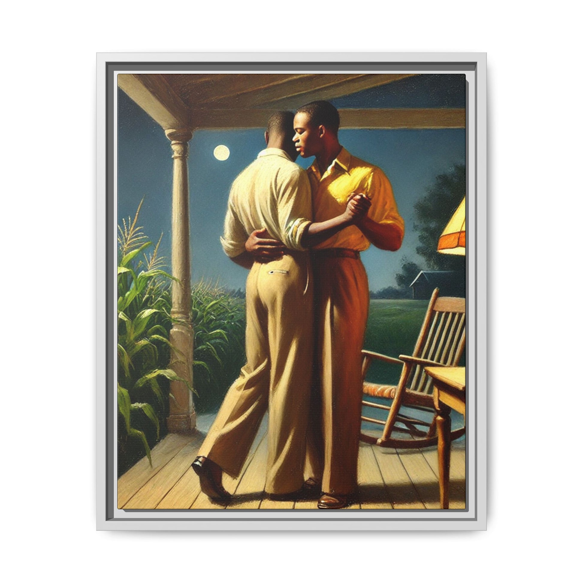 Artwork of an African-American gay couple dancing on a porch under the moonlight, inspired by Grant Wood’s style.