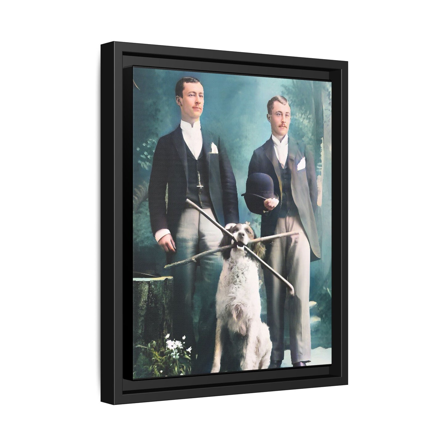 Restored vintage photograph of Patrick and Everett, an Edwardian gay couple with their loyal dog, taken in early 1900s Frankfort, Kentucky. Framed matte canvas print celebrating LGBTQ+ history, love, and companionship.