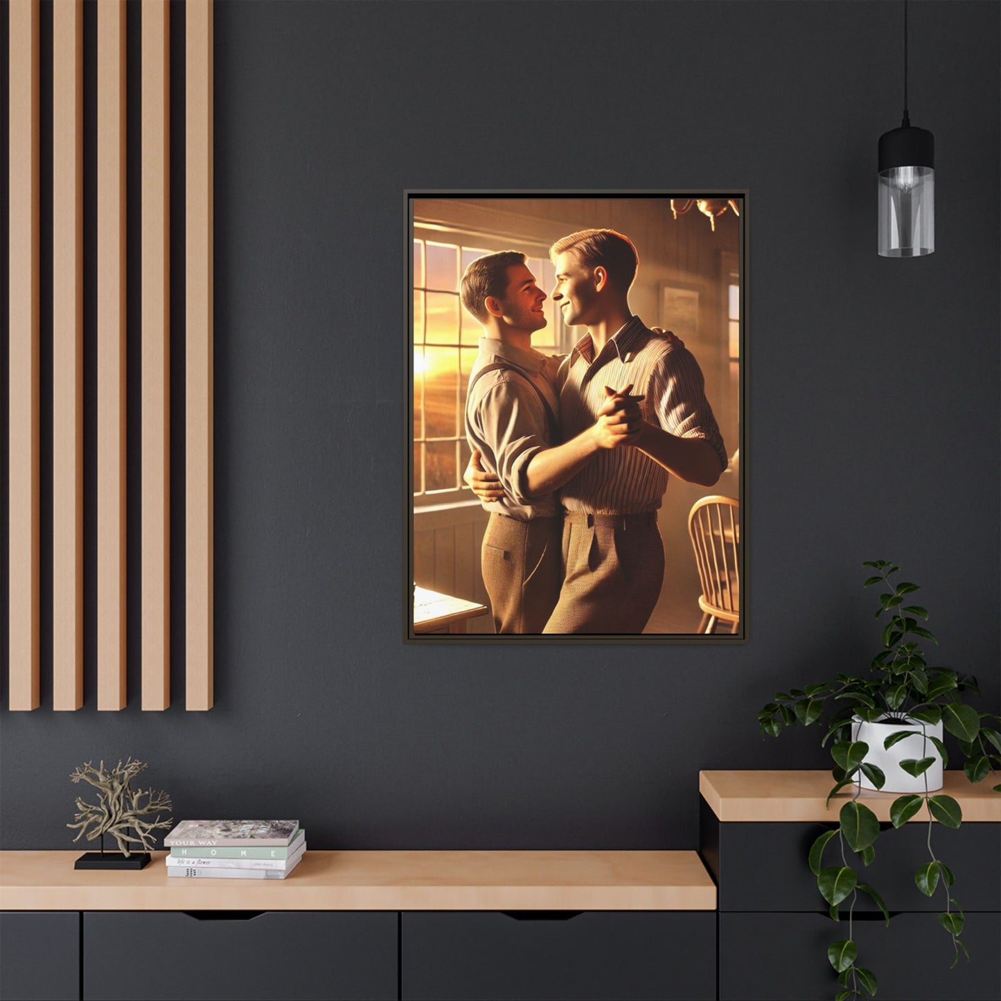 Art of a gay couple dancing in a sunlit dining room, inspired by Grant Wood’s Americana style and celebrating love.