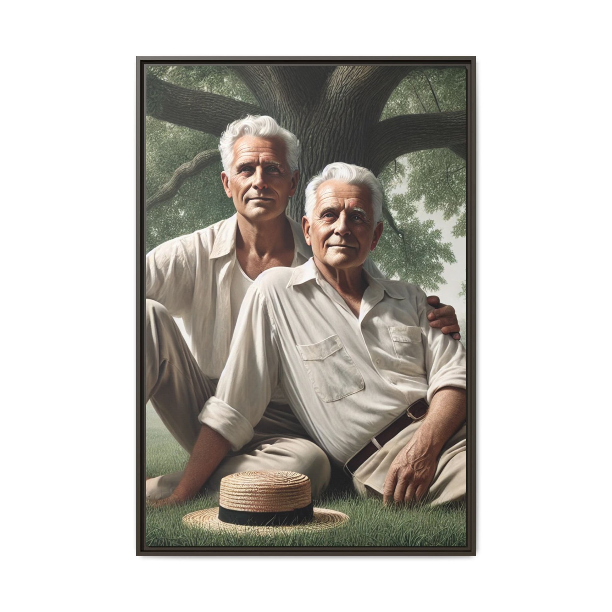 Hyper-realistic painting of an elderly gay couple in 1930s vintage attire under a leafy tree, celebrating love and resilience.