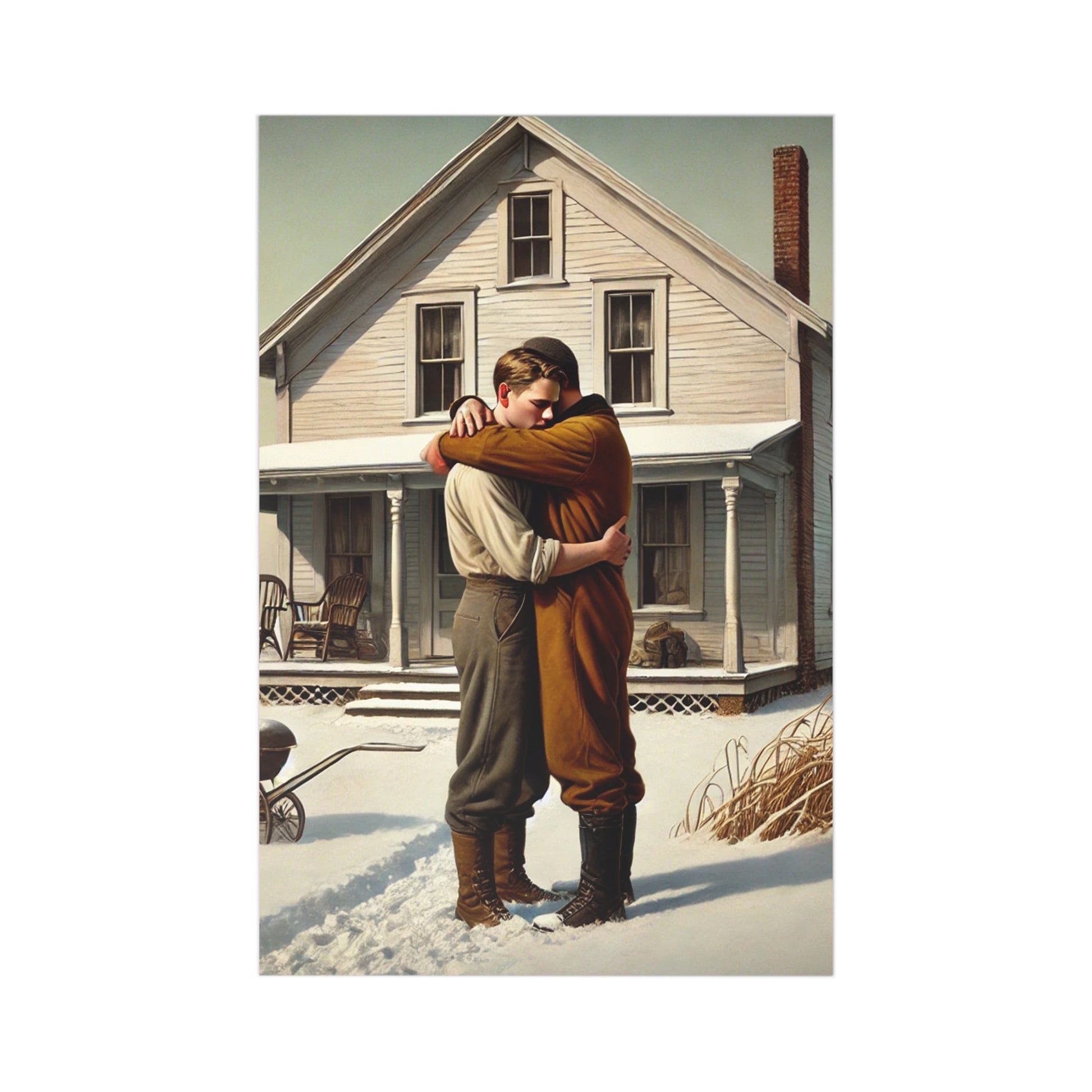 Romantic postcard set featuring a gay couple embracing outside a snowy farmhouse, evoking timeless Americana charm.