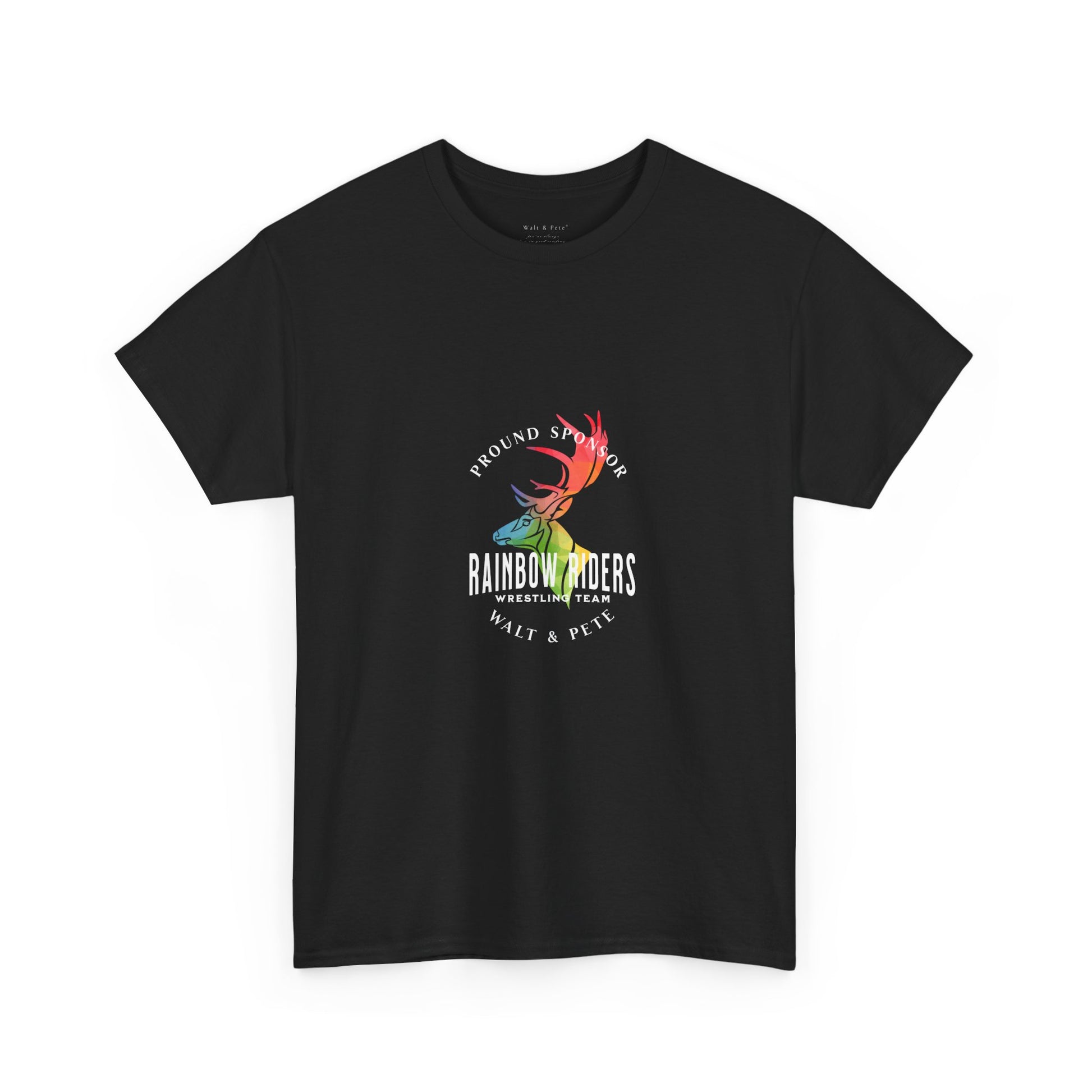 A bold and vibrant t-shirt featuring a majestic rainbow-themed deer/stag with the text 'Proud Sponsor Rainbow Riders Wrestling Team.' This striking design celebrates LGBTQ+ pride, inclusivity, and resilience, perfect for pride events, community gatherings, or showing your support for equality and diversity