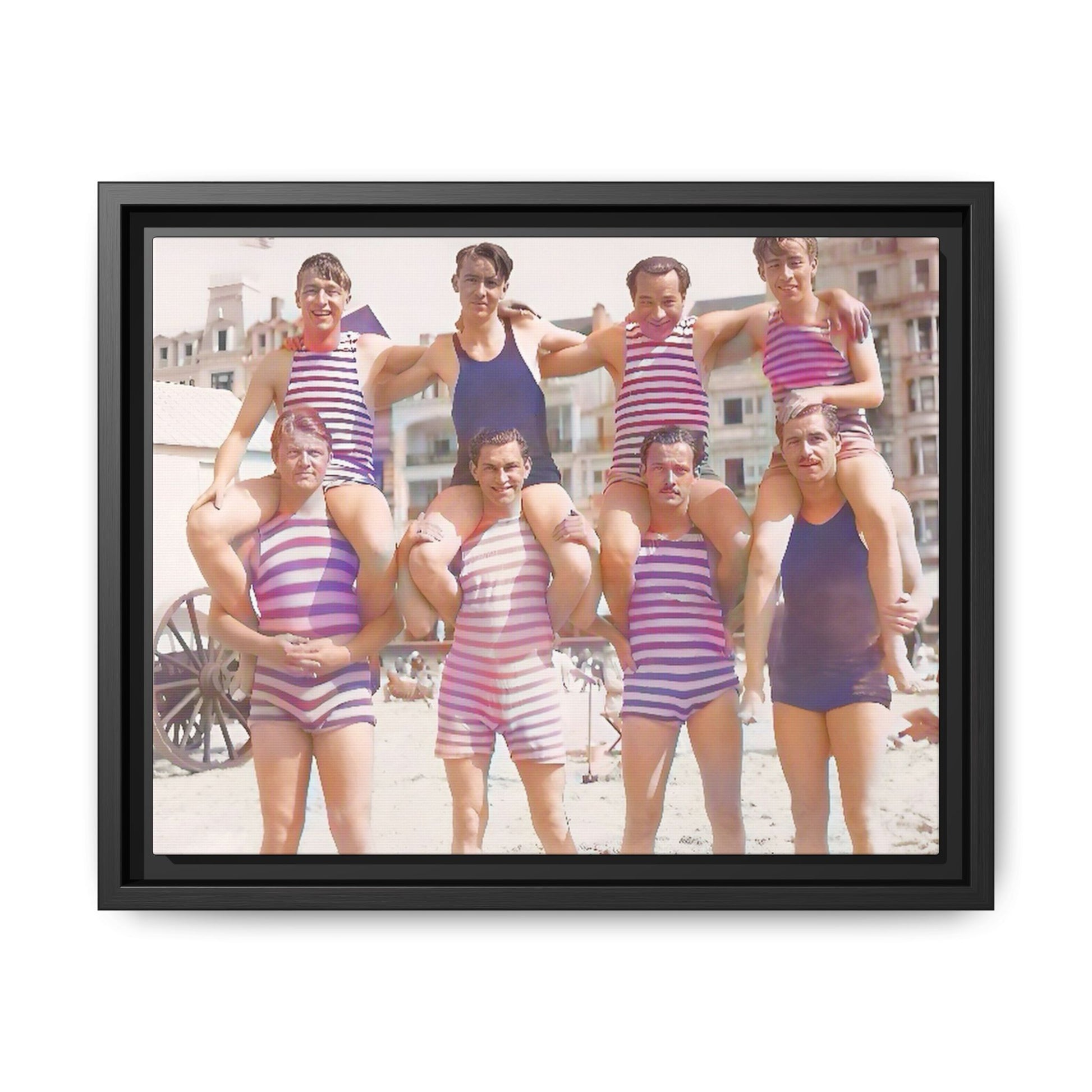 Restored vintage photo of a Bachelor Party in Corpus Christi TX, featuring men in striped swimwear forming human towers, framed canvas art.