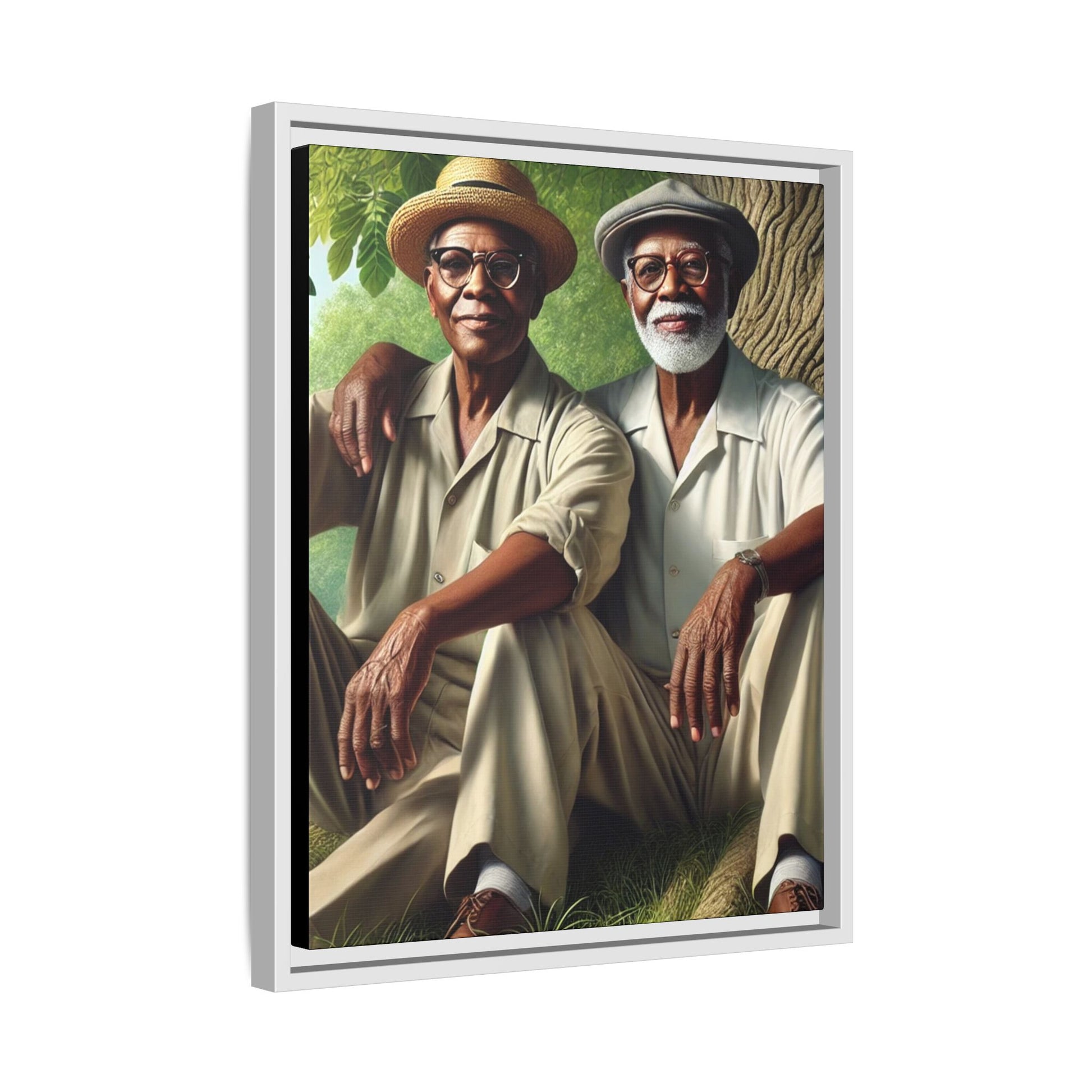 Framed artwork of a gay African-American couple in Cedar Rapids, Iowa, 1930s, celebrating love and resilience.