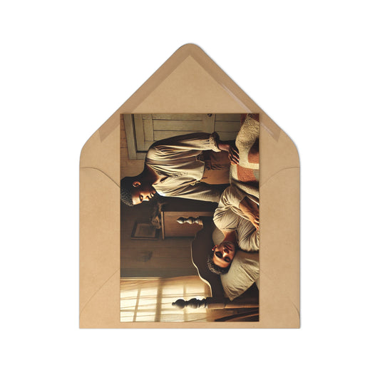 Heartwarming postcard set featuring an African-American queer couple in a rustic bedroom, celebrating love and resilience