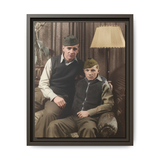 Vintage historical photograph wall art with two men in military caps posed beside lamp and radio cabinet