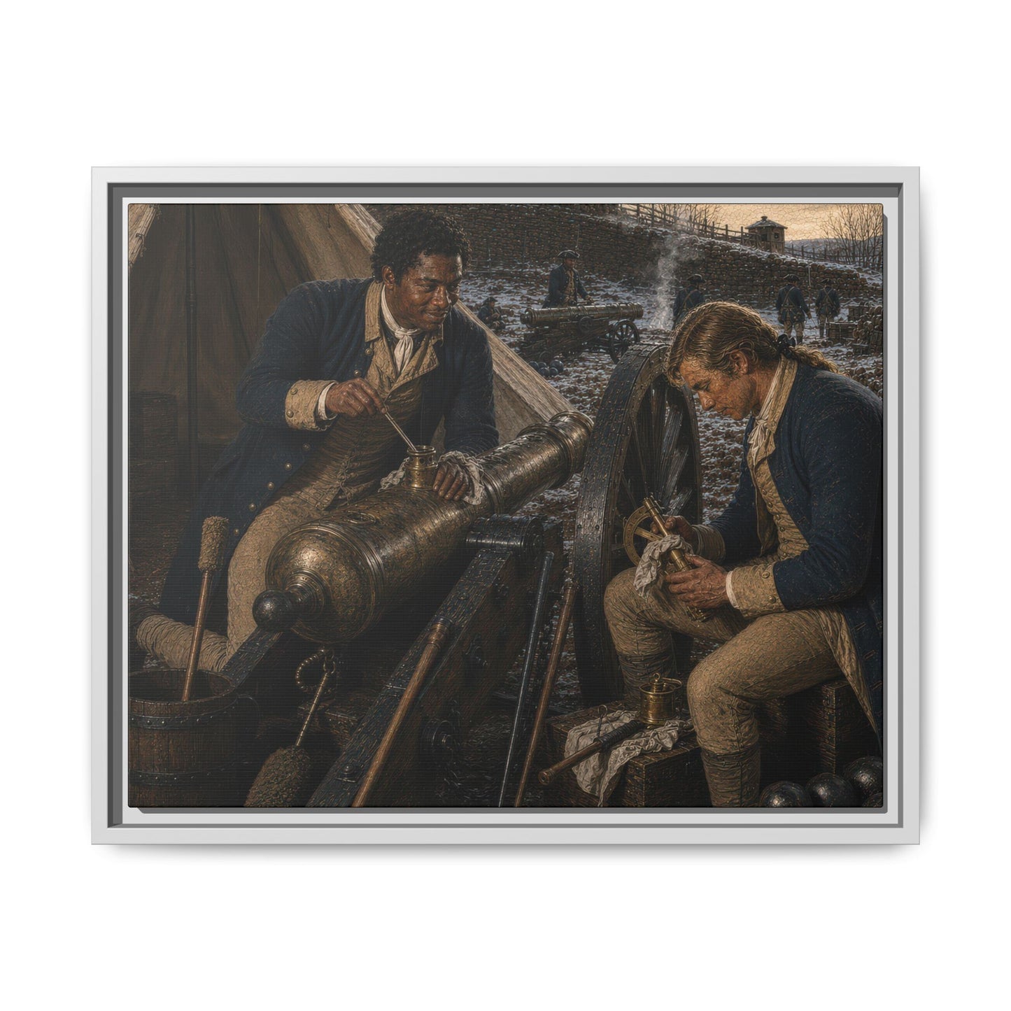 Museum-inspired Revolutionary War canvas featuring Continental artillery soldiers cleaning cannon equipment during winter camp.