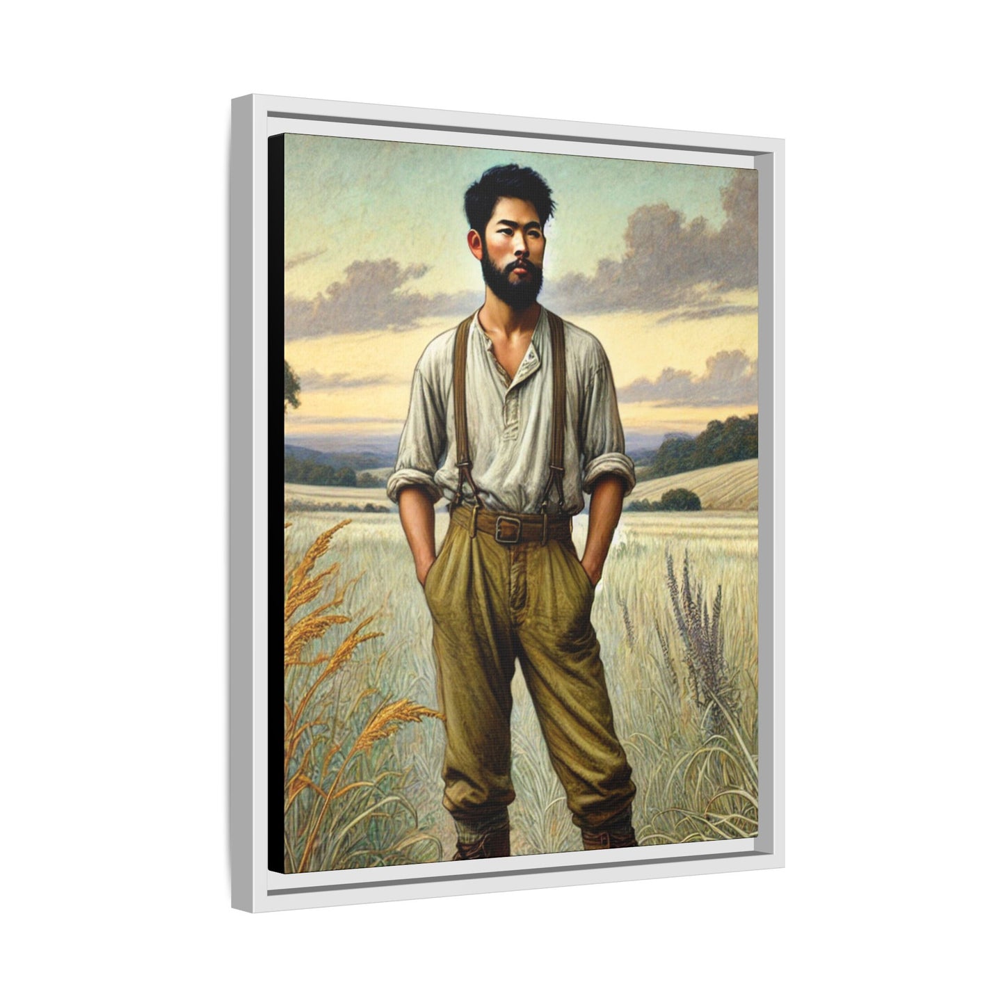 Framed artwork of an Asian-American farmer in 19th-century attire, inspired by Walt Whitman’s Leaves of Grass and Song of Myself, set against a serene rural backdrop of golden wheat fields and rolling hills.