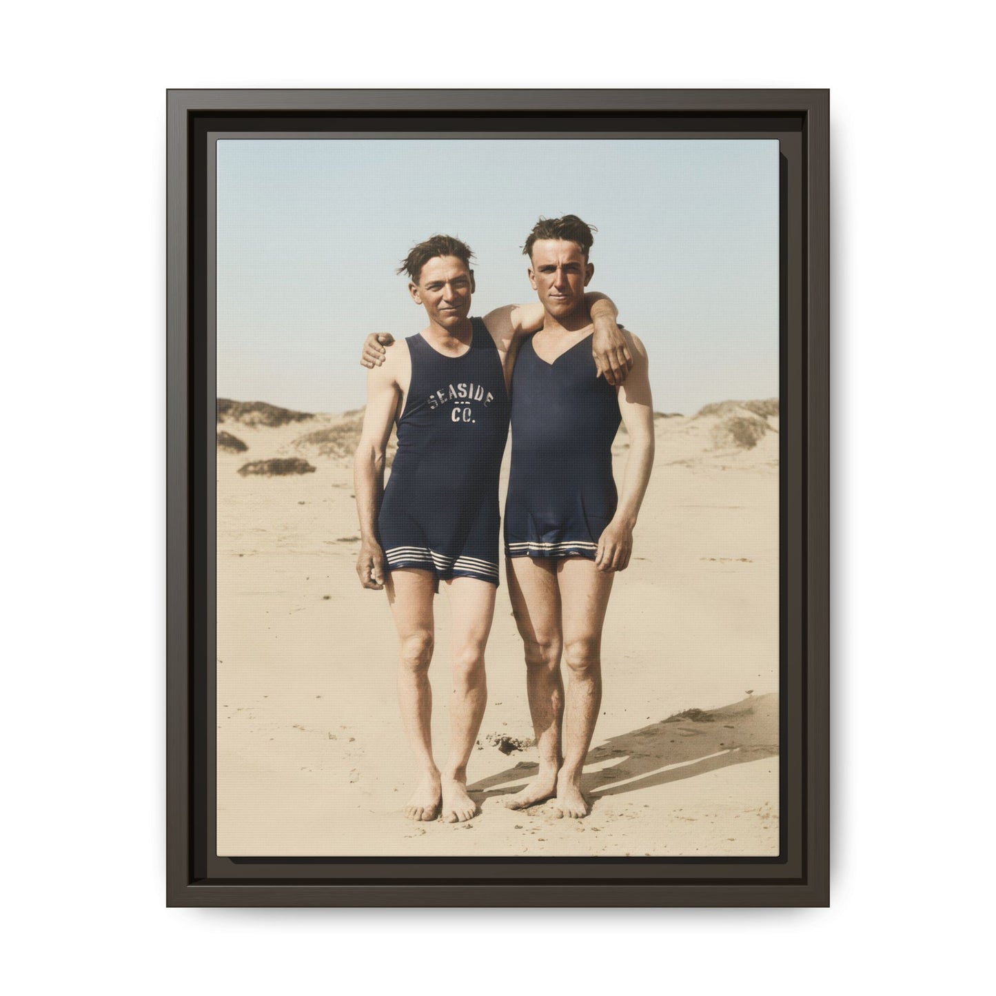 Historical seaside portrait reproduced as framed matte canvas wall art 