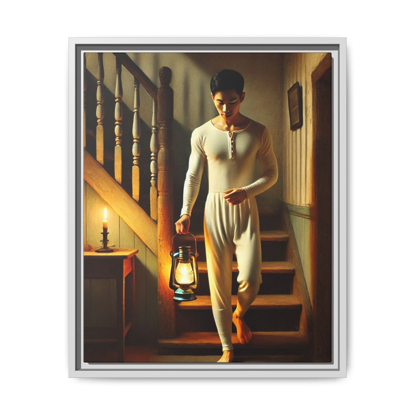 Framed artwork of an Asian-American man wearing long johns underwear holding a lantern on a staircase, inspired by Grant Wood’s style.