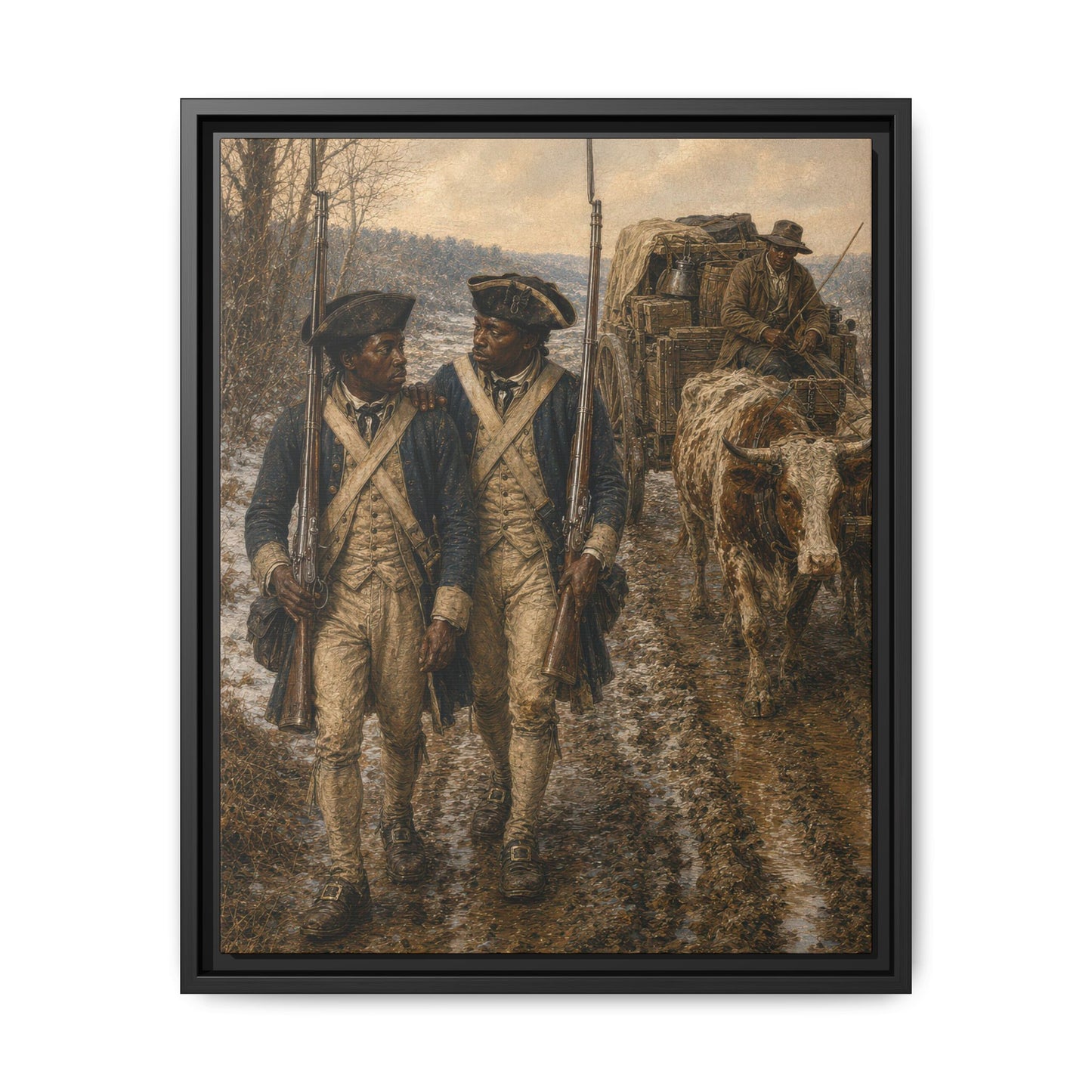 Two Black Continental Army soldiers march beside an ox-drawn supply wagon on a muddy winter road during the Revolutionary War.