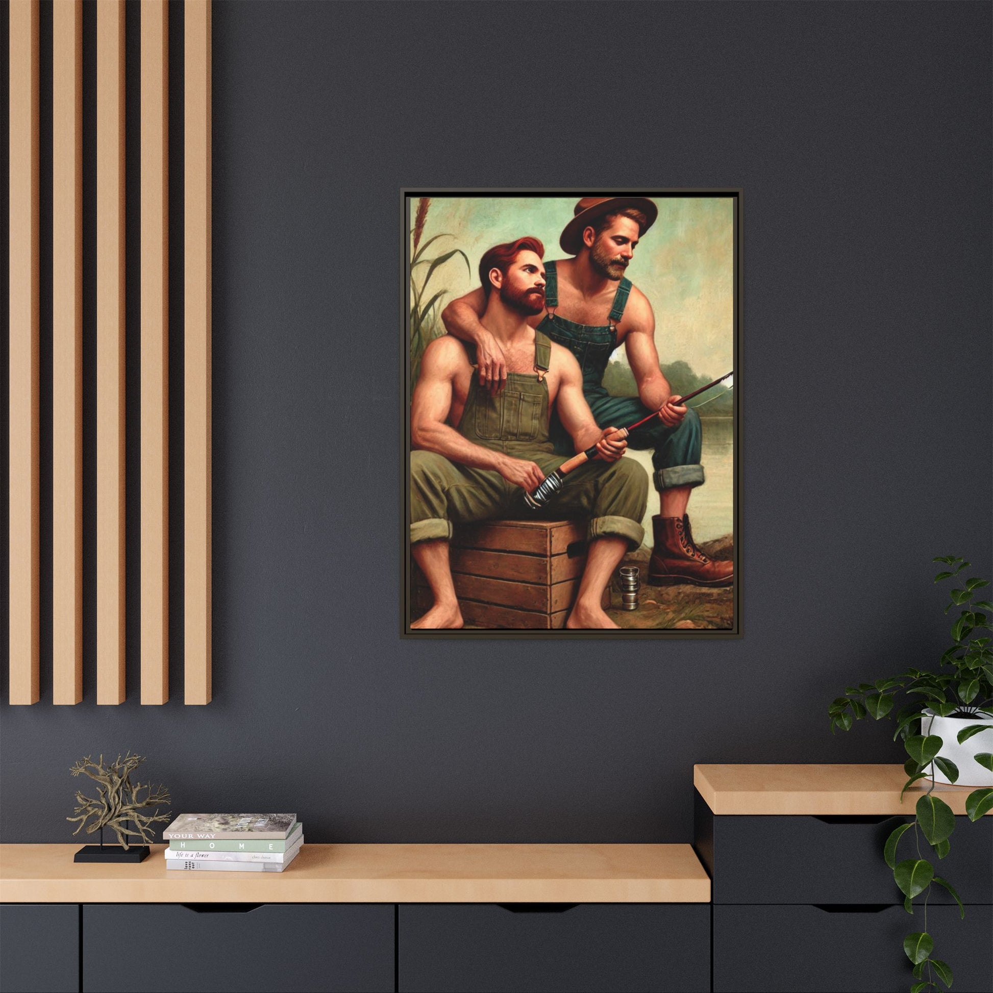 Vintage-style artwork of a gay couple fishing by a tranquil lake in the 1930s, celebrating love and nature.