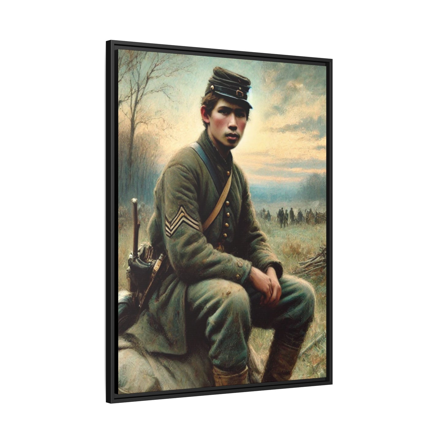 Framed artwork of a Civil War Union soldier inspired by Walt Whitman’s Leaves of Grass and Drum-Taps, depicting themes of sacrifice, strength, and vulnerability amidst a 19th-century battlefield.