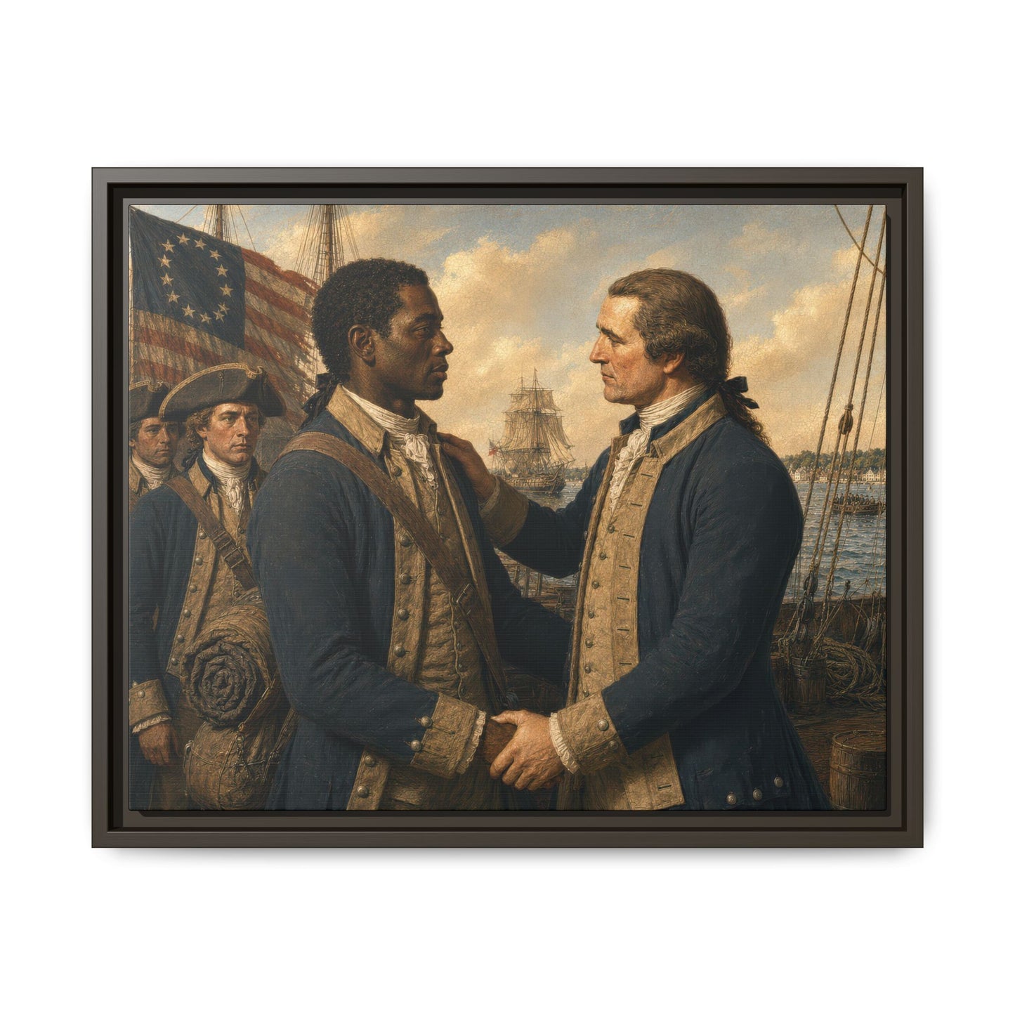 Museum-inspired portrait of two Continental Army soldiers exchanging a respectful handshake at a Revolutionary War harbor with sailing ships and a thirteen-star flag.