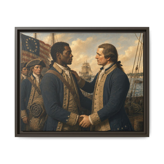 Museum-inspired portrait of two Continental Army soldiers exchanging a respectful handshake at a Revolutionary War harbor with sailing ships and a thirteen-star flag.