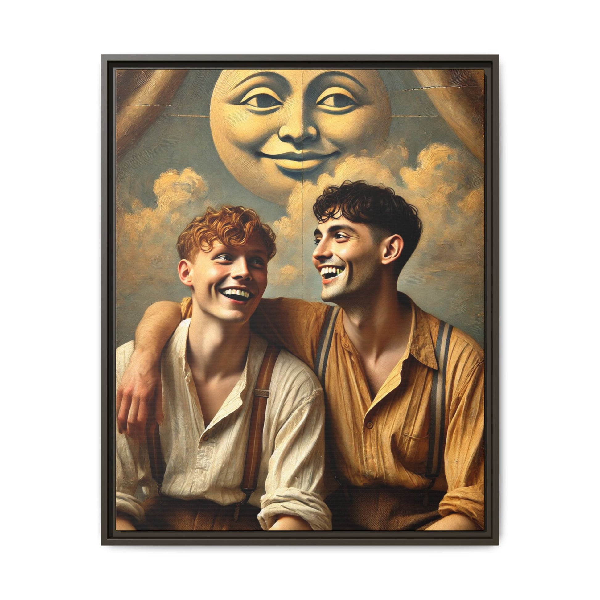 Queer artwork of two joyful young men dressed in vintage clothing with rolled sleeves and suspenders, laughing under a large moon prop in a dreamy studio scene. A celebration of love and resilience reclaimed from forgotten queer histories.