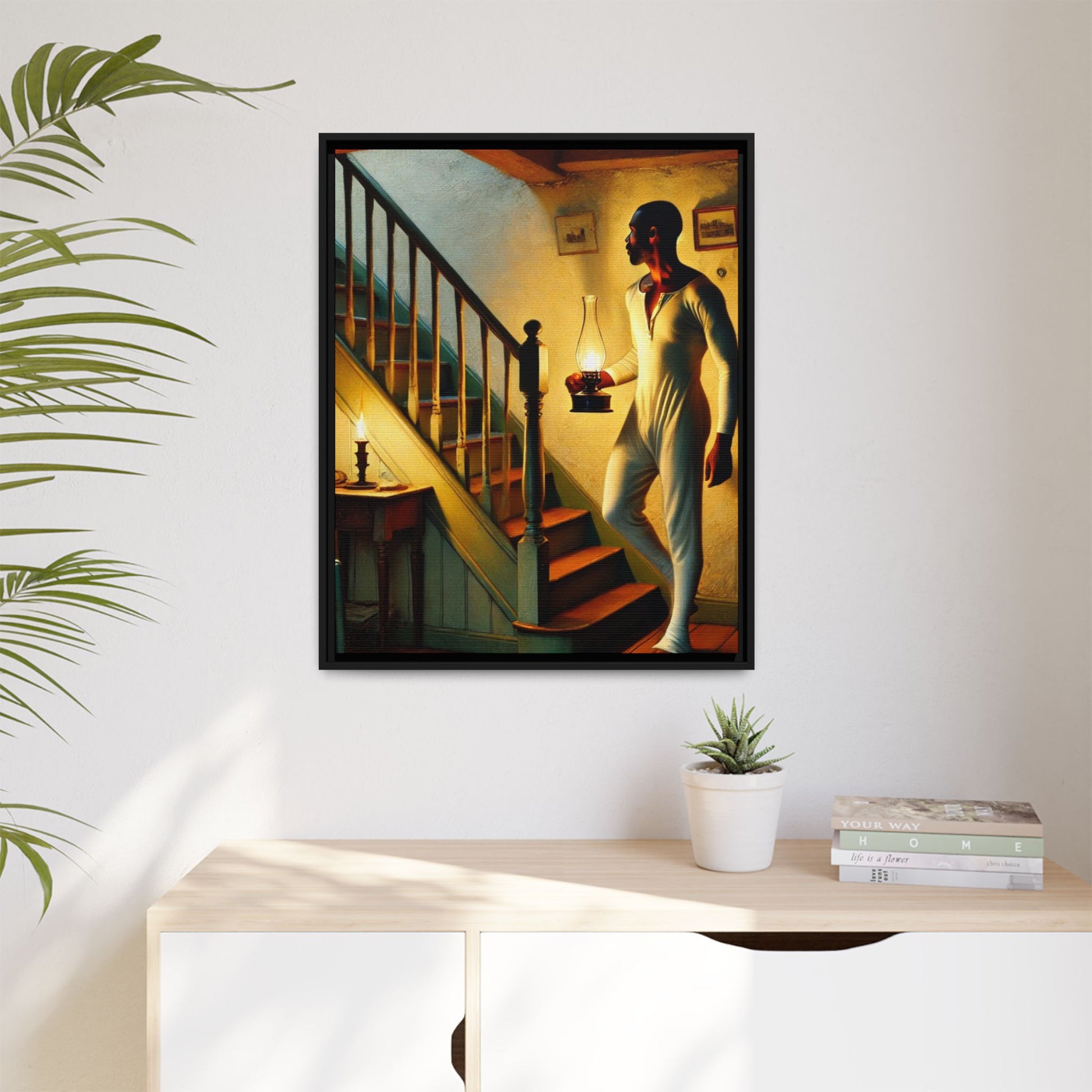 Framed artwork of an African-American man holding a lantern on a staircase, inspired by Grant Wood's style.